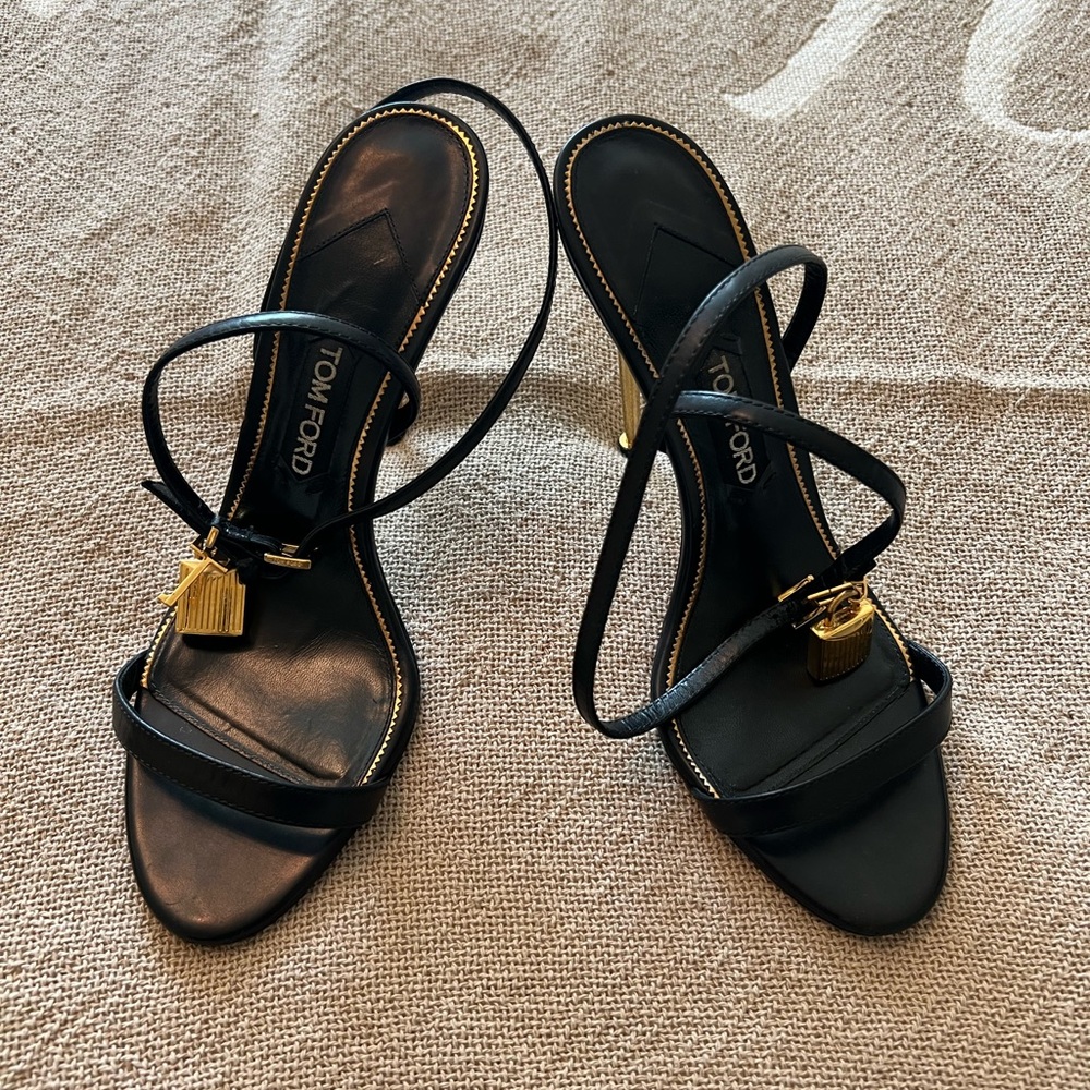 Authentic TOM FORD Lock Stiletto Sandals Size 41 or 10 Black leather / Gold